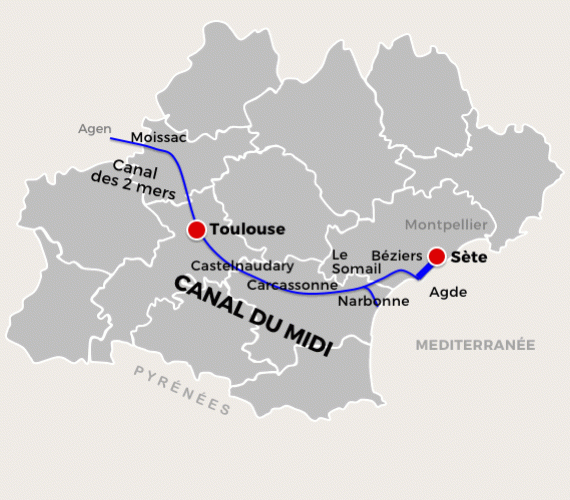 Canal du Midi en bateau, carto Canal du Midi en bateau, carto